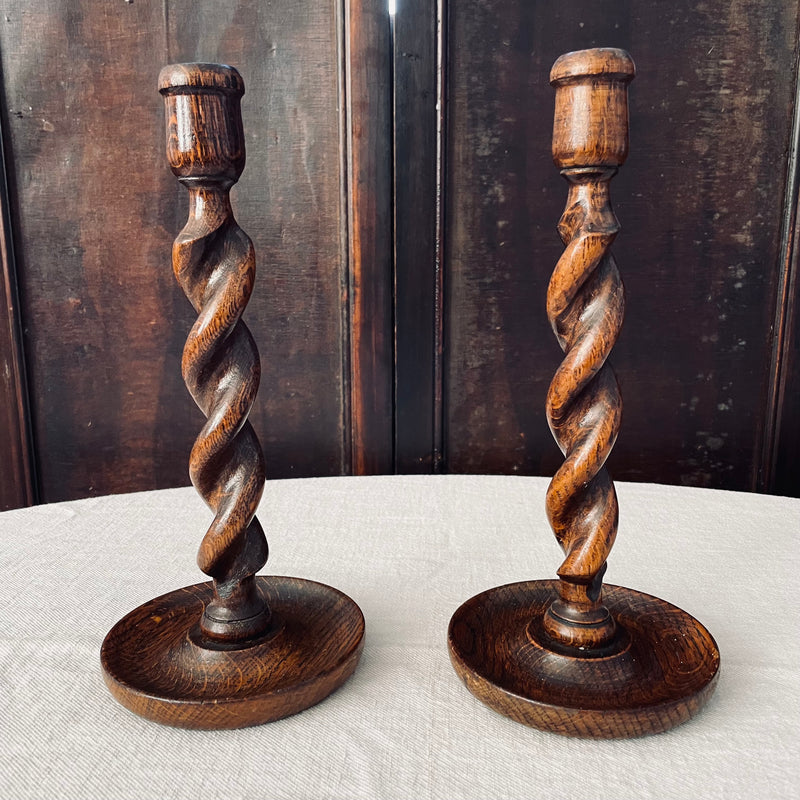 Pair of Wooden Barley Twist Candlesticks