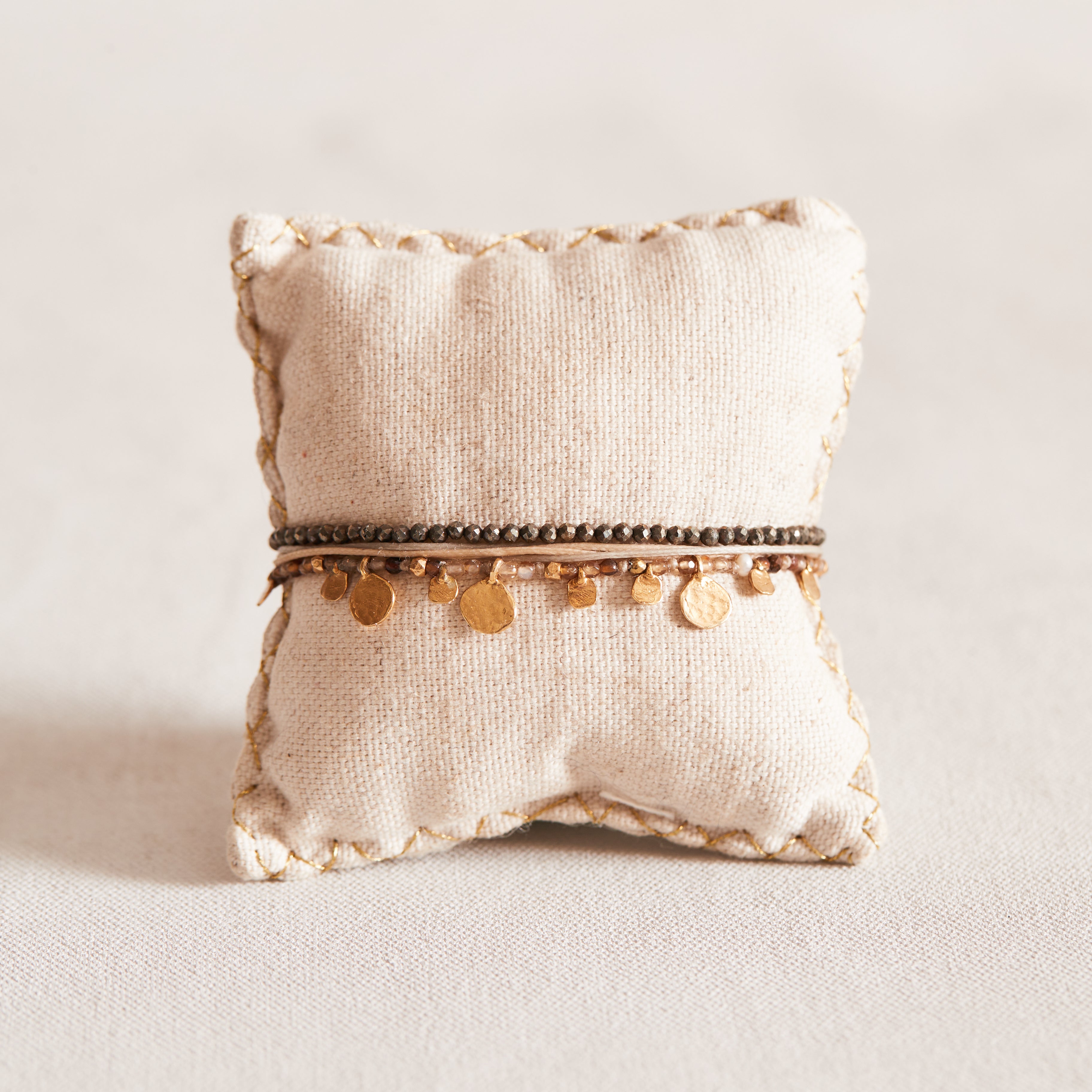 Grey & Soft Gold Cord Bracelet with Disc charms