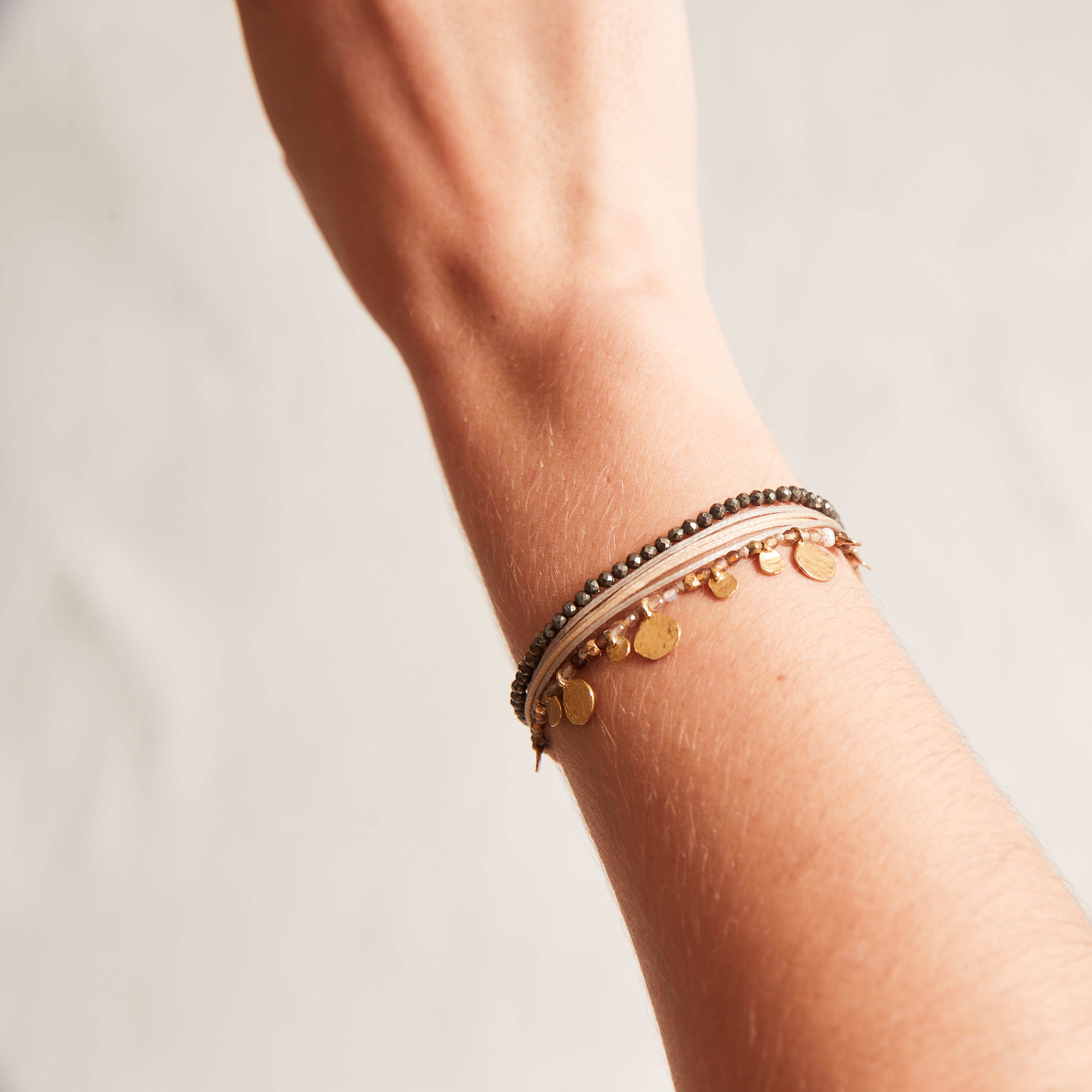 Grey & Soft Gold Cord Bracelet with Disc charms