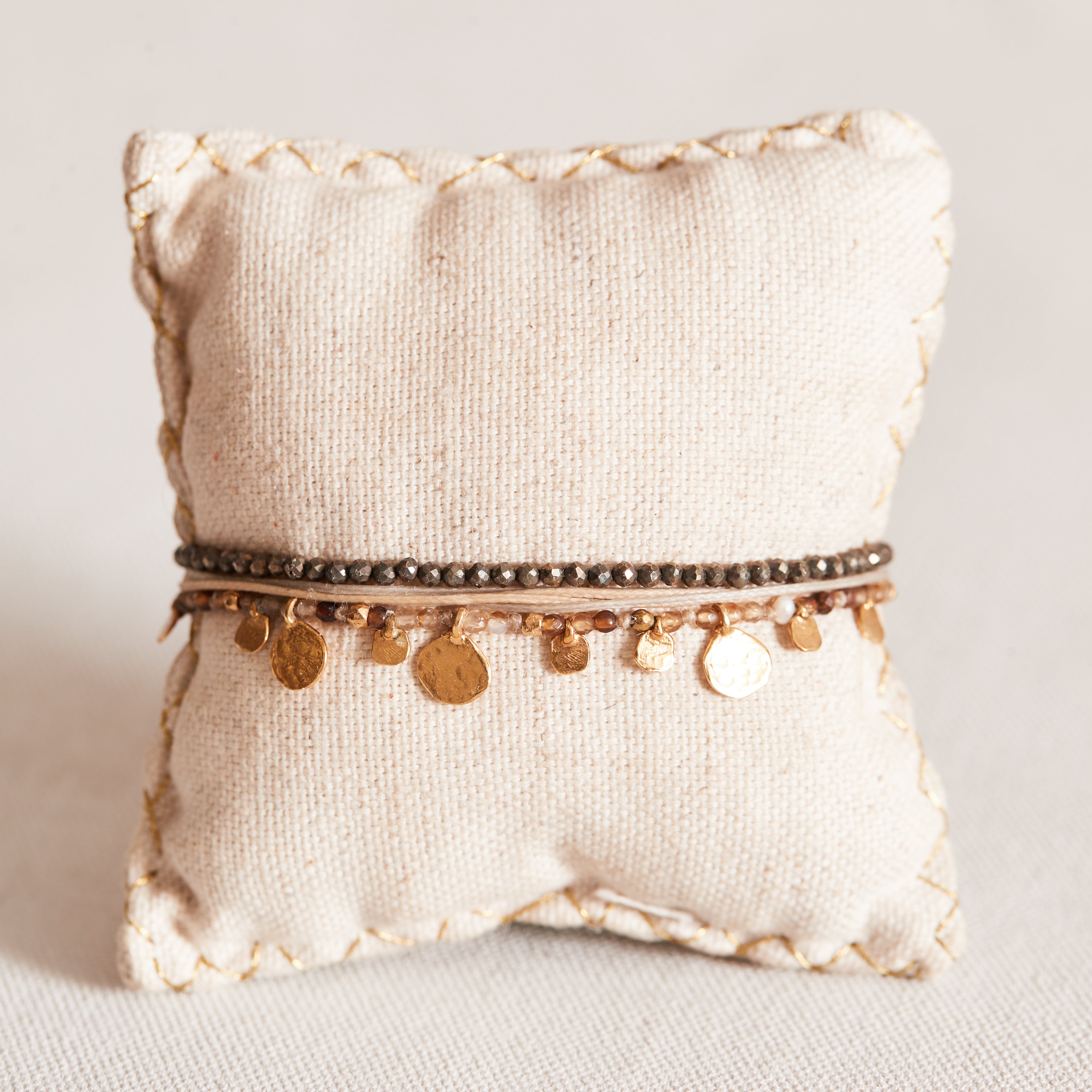 Grey & Soft Gold Cord Bracelet with Disc charms