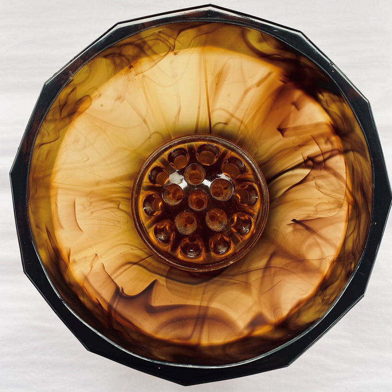 Art Deco Amber Cloud Glass Bowl with Flower Dome