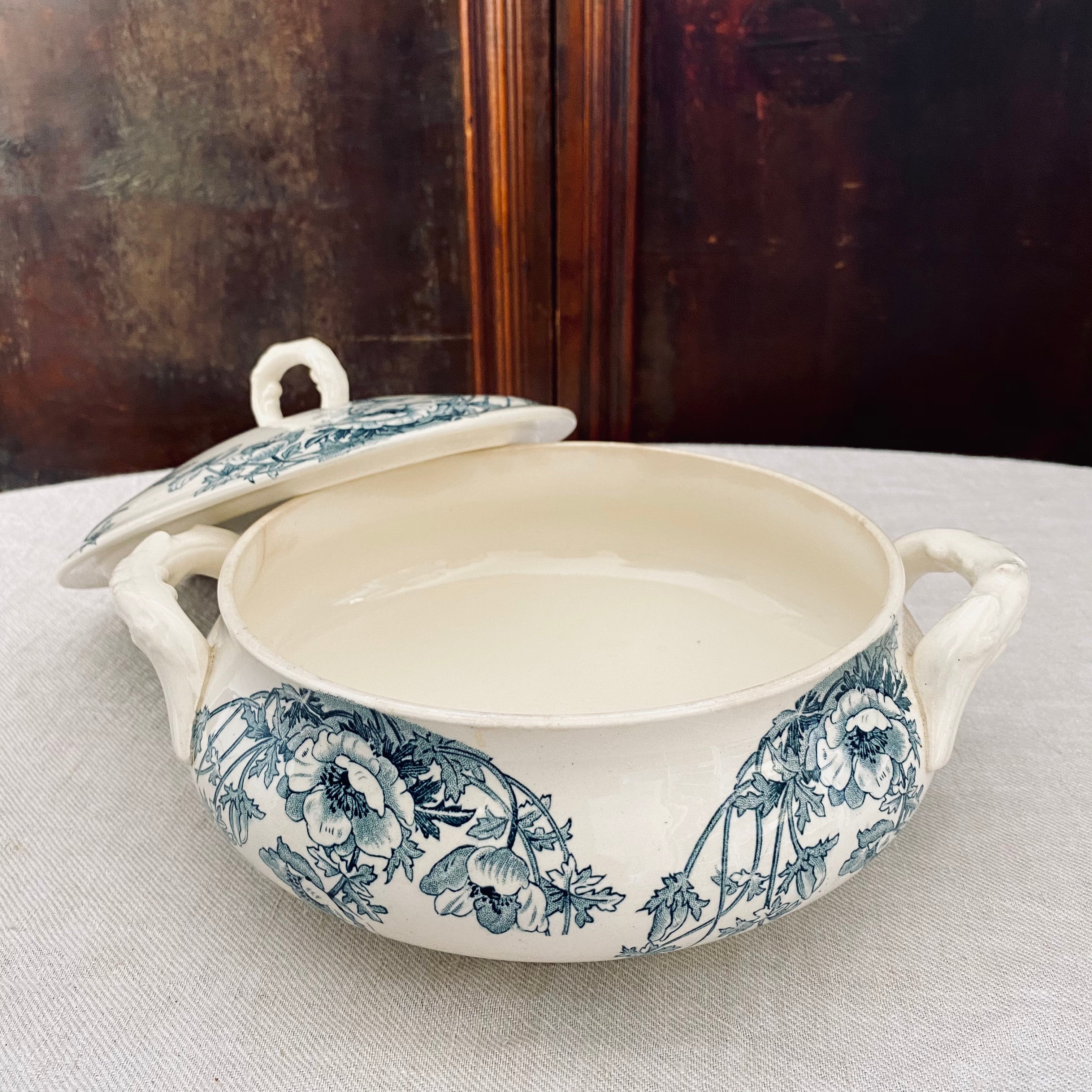 1800s Antique Gien Blue & White Ironstone Tureen