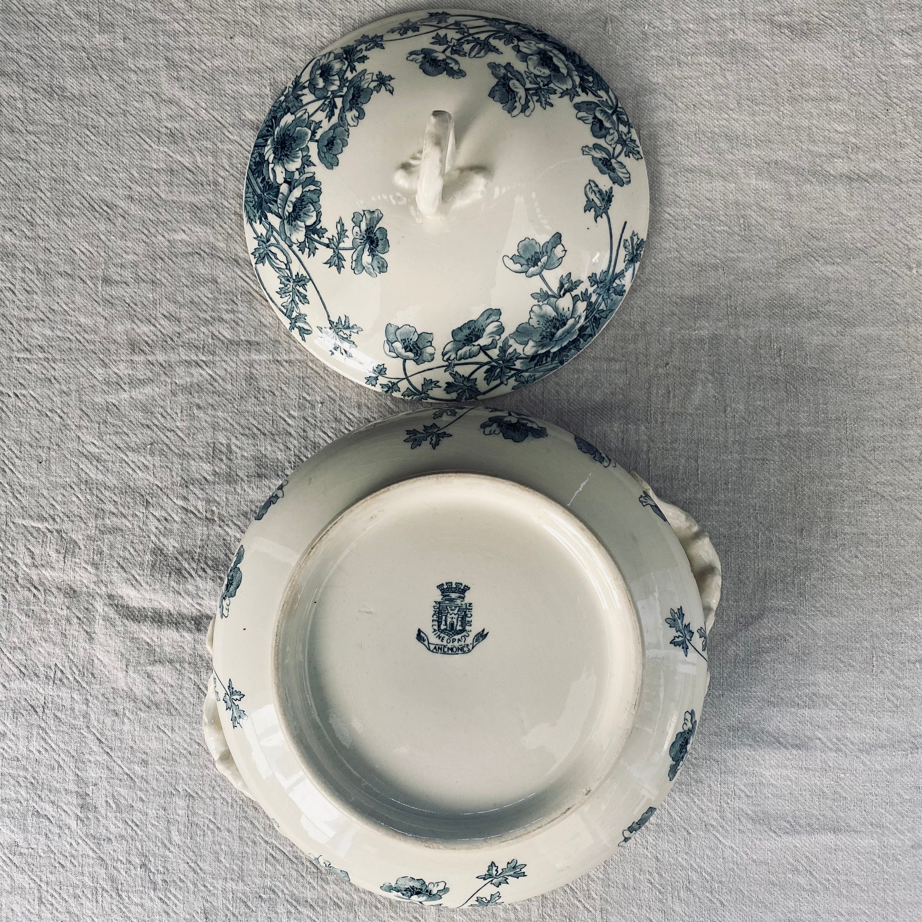 1800s Antique Gien Blue & White Ironstone Tureen