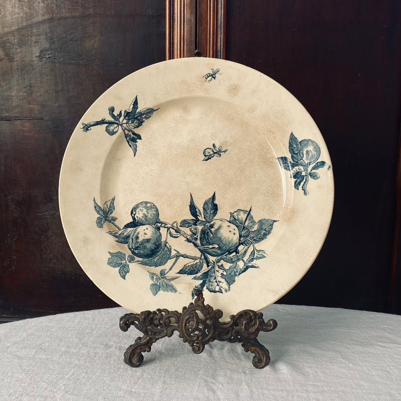 1800s Antique Gien Terre de Fer Fruits Round Platter