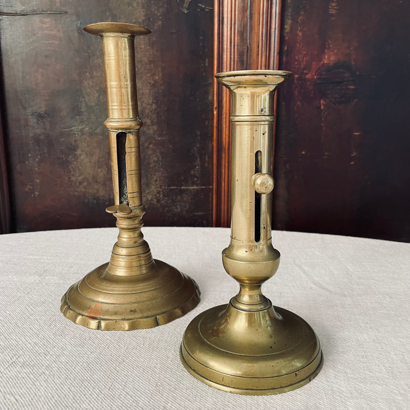 Antique French Brass Ejector Candlestick with Scalloped base