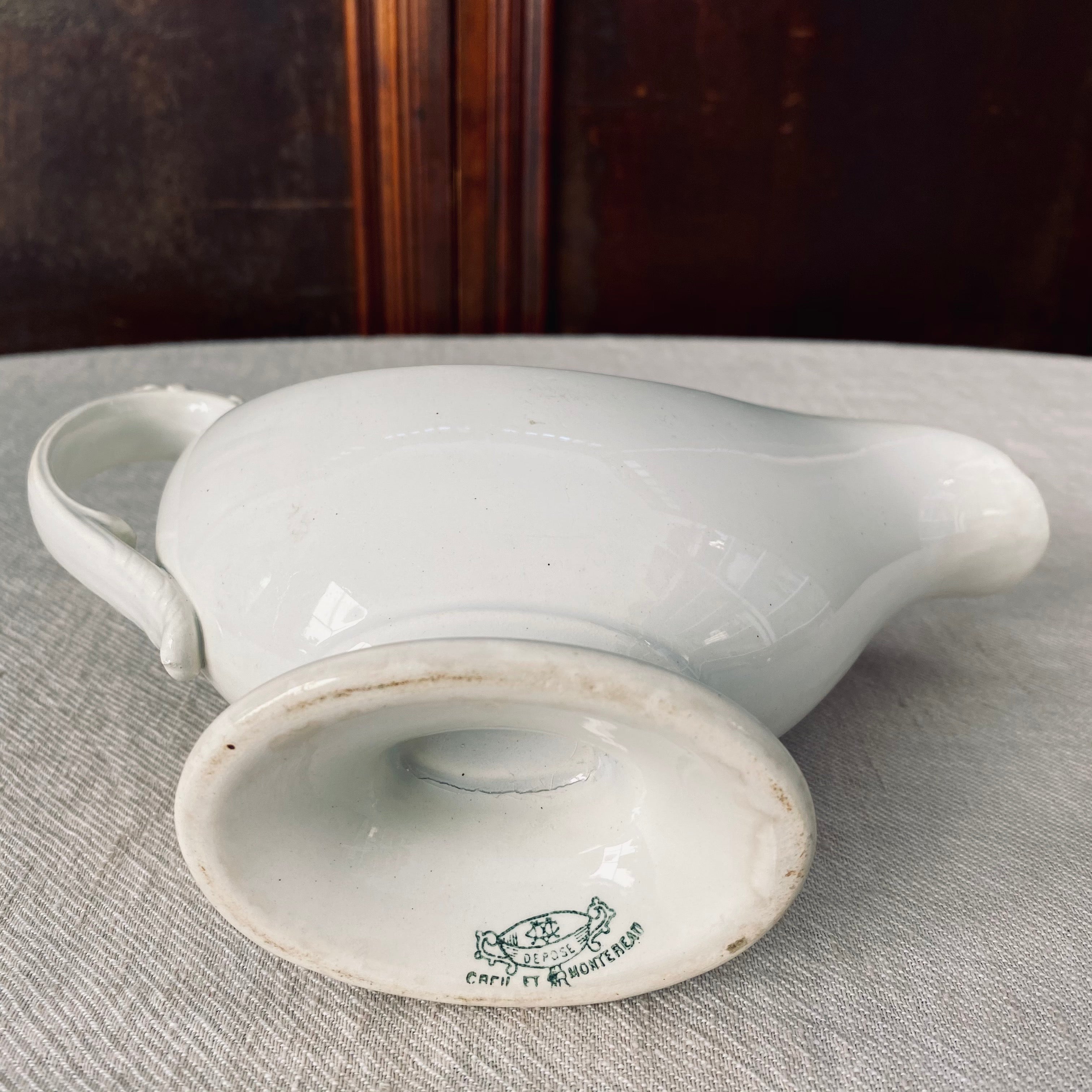 1800’s French Antique Criel Montreau White Ironstone Sauceboat with Dragons Head Handle